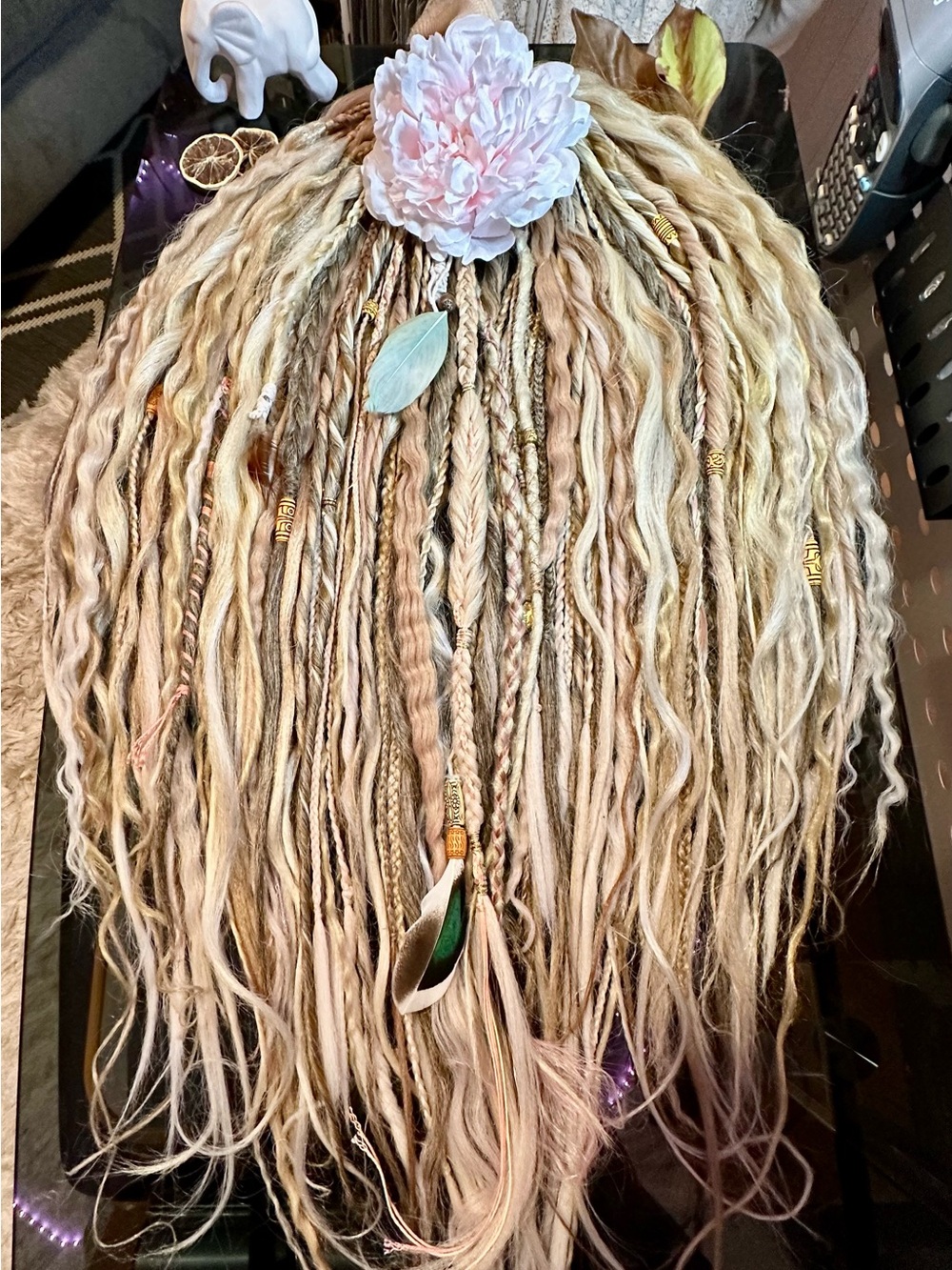 Boho Blonde Synthetic Dreadlock Hairpiece with Beads & Feathers - Picture 3 of 17